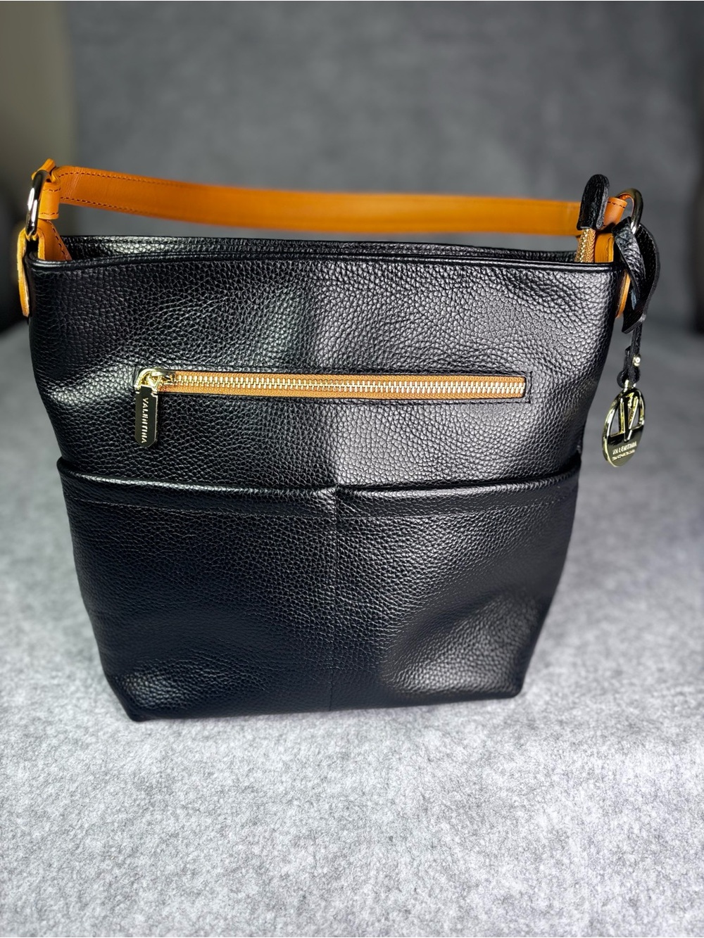 Valentina Leather Shoulder Tote Bag with Contrast Strap - Black